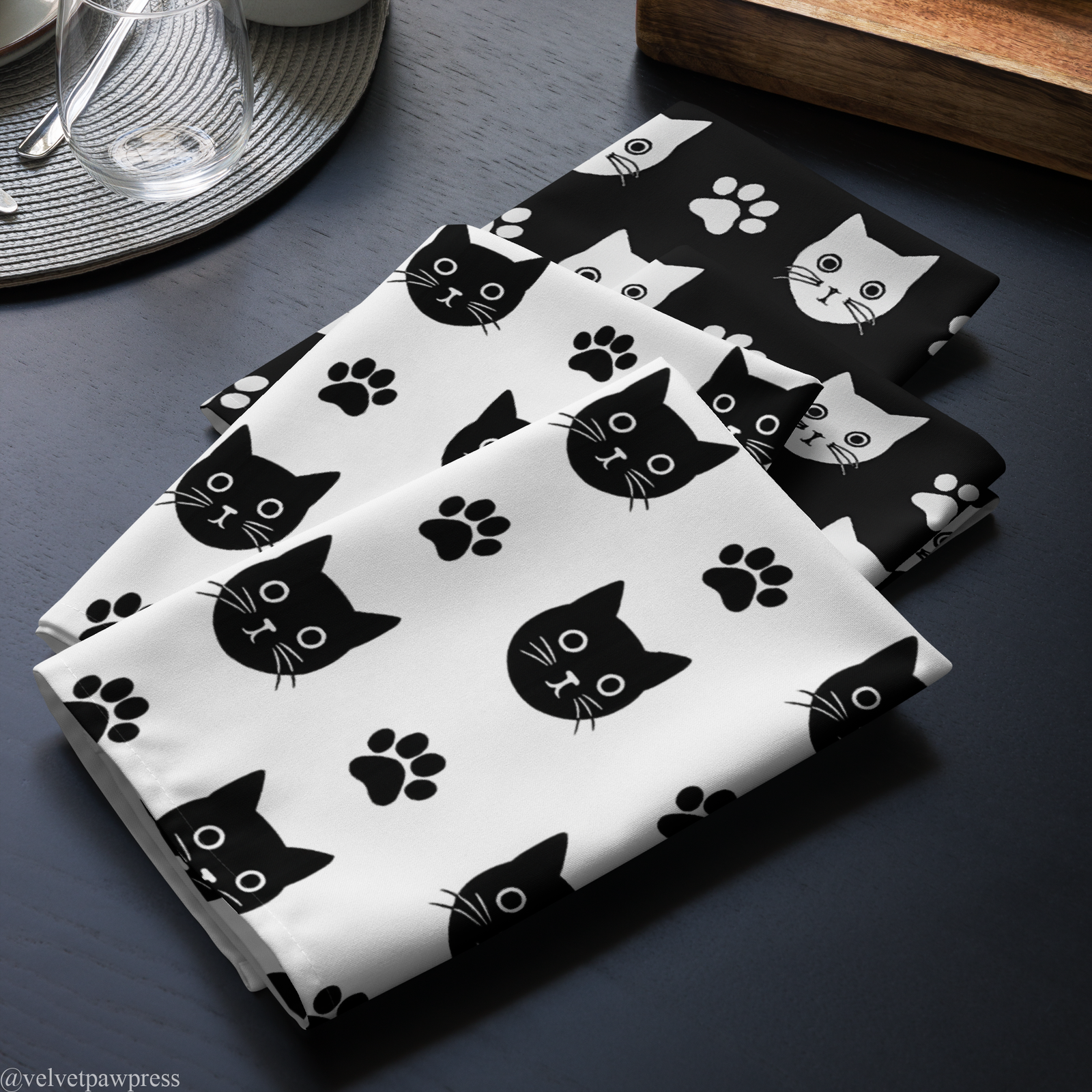gothic black and white cat silhouette cocktail napkin