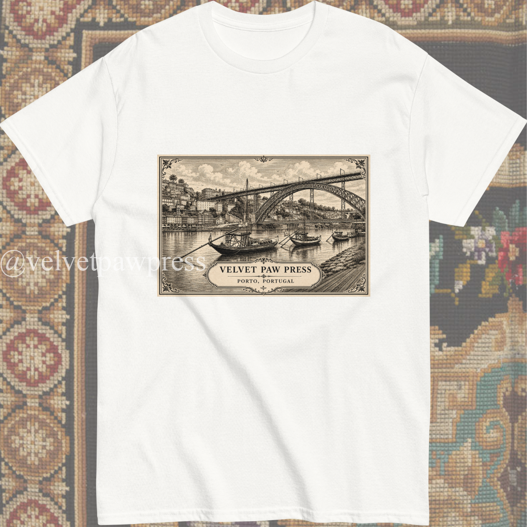 Douro River & Bridge Porto Tee | Rabelo Boats & Iconic Portugal Landscape | Velvet Paw Press - Image 5