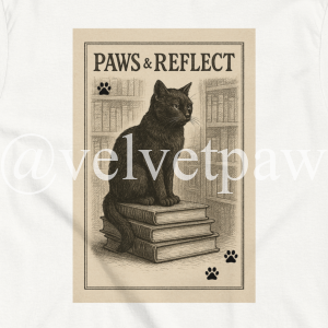 Paws & Reflect Cat Tee | Black Cat on Books Literary Design | Velvet Paw Press