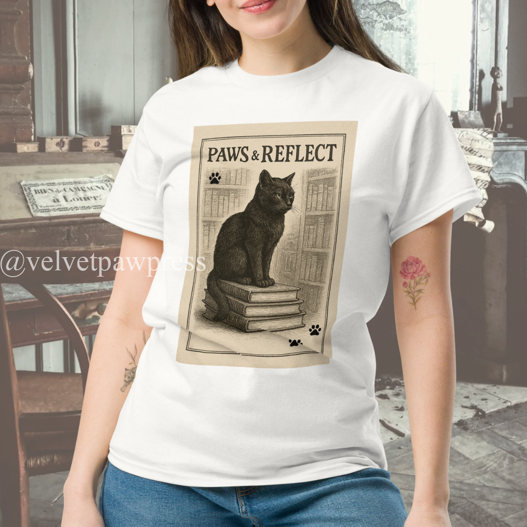 Paws & Reflect Cat Tee | Black Cat on Books Literary Design | Velvet Paw Press - Image 3