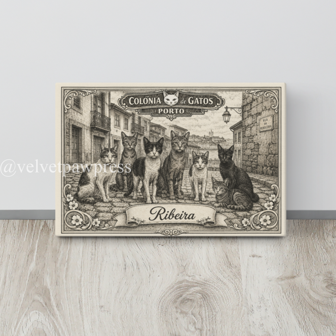 Ribeira Cat Colony Canvas Art 20.5x30.5 cm | Porto Riverside Gatos Wall Decor | Velvet Paw Press - Image 2
