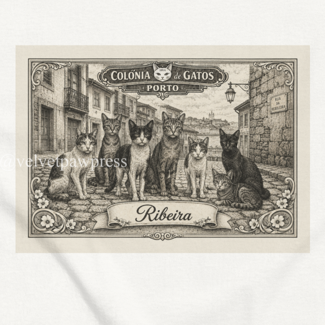 Ribeira Cat Colony Tee | Porto’s Riverside Gatos | Velvet Paw Press