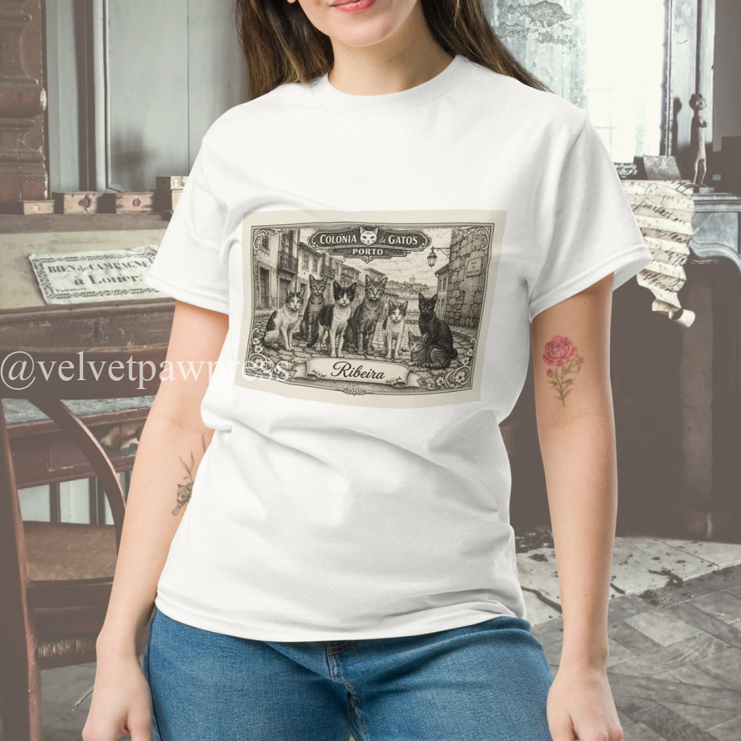 Ribeira Cat Colony Tee | Porto’s Riverside Gatos | Velvet Paw Press - Image 3