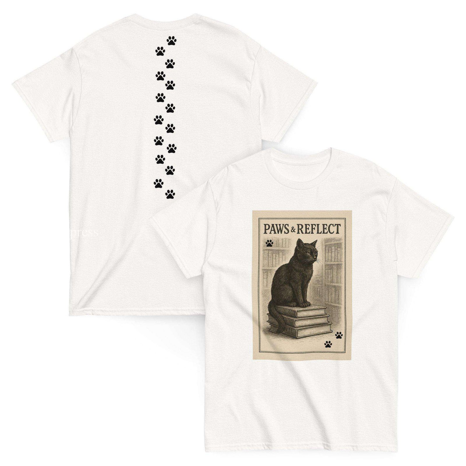 Paws & Reflect Cat Tee | Black Cat on Books Literary Design | Velvet Paw Press - Image 2